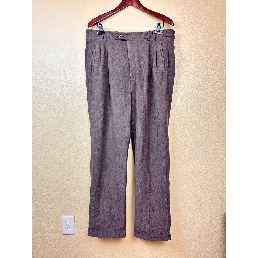 St. Croix Men's Pleated  Textured Wool Blend Pants 34x32 Straight Cuff Leg Brown